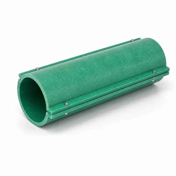 Split green fiberglass FRP round pipe coupling sleeve, bolt-connected split FRP casing for pipeline protection and repair